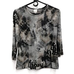 Jess & Jane Art To Wear Top‎ Womens Small Grey Vogue News Rhinestone Casual